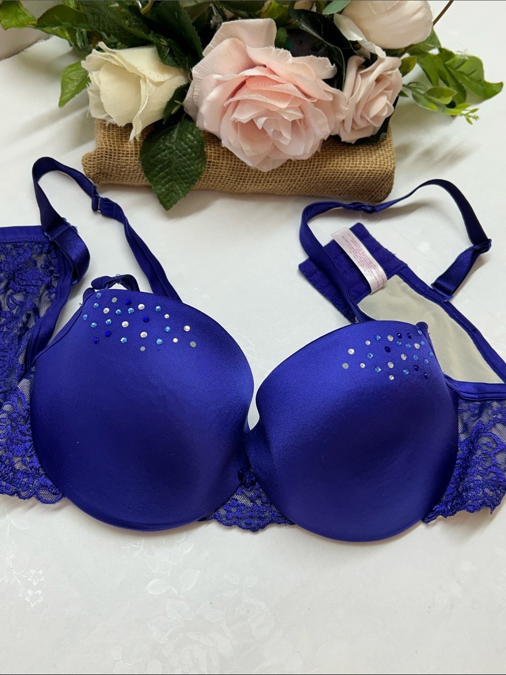 Women's Push-Up Bra with Rhinestone Detail - Royal Blue